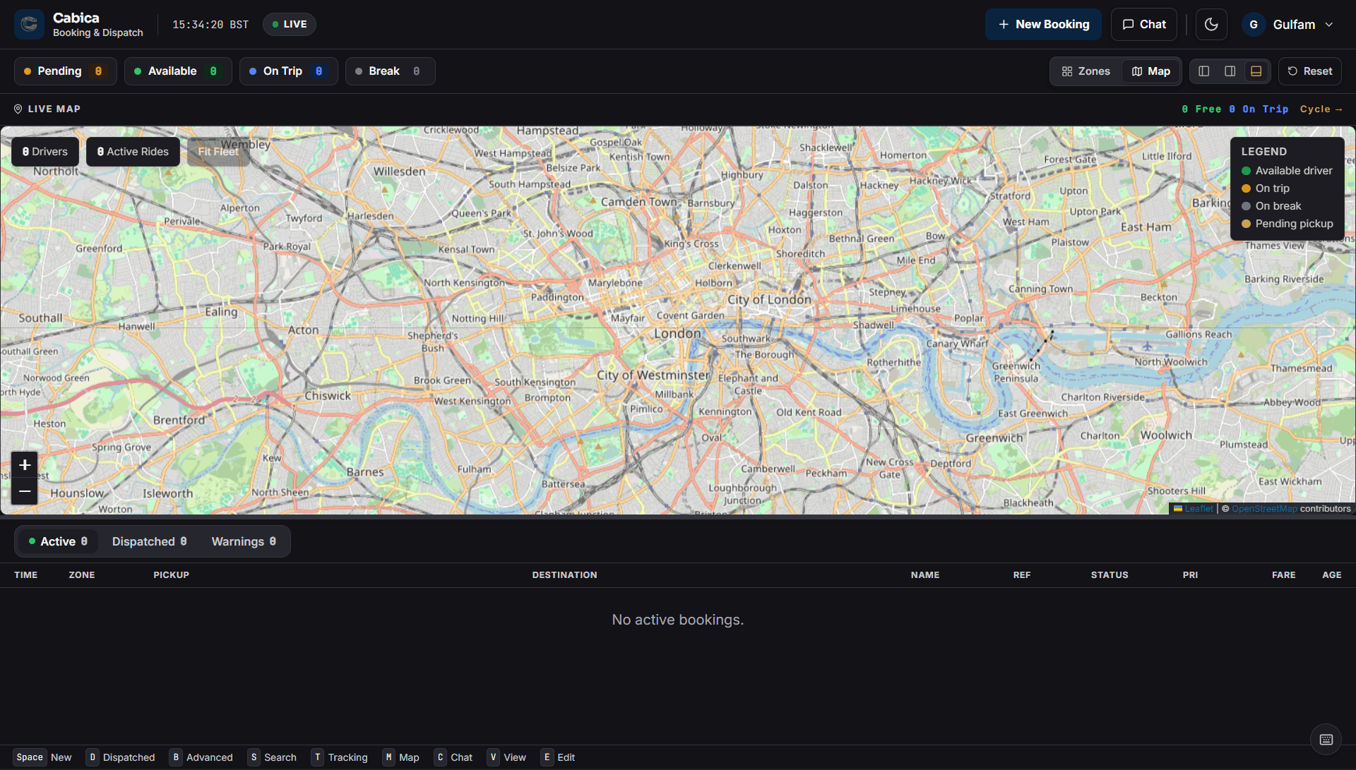 Cabica dispatch console in dark mode — live map, driver status counters and the active bookings board