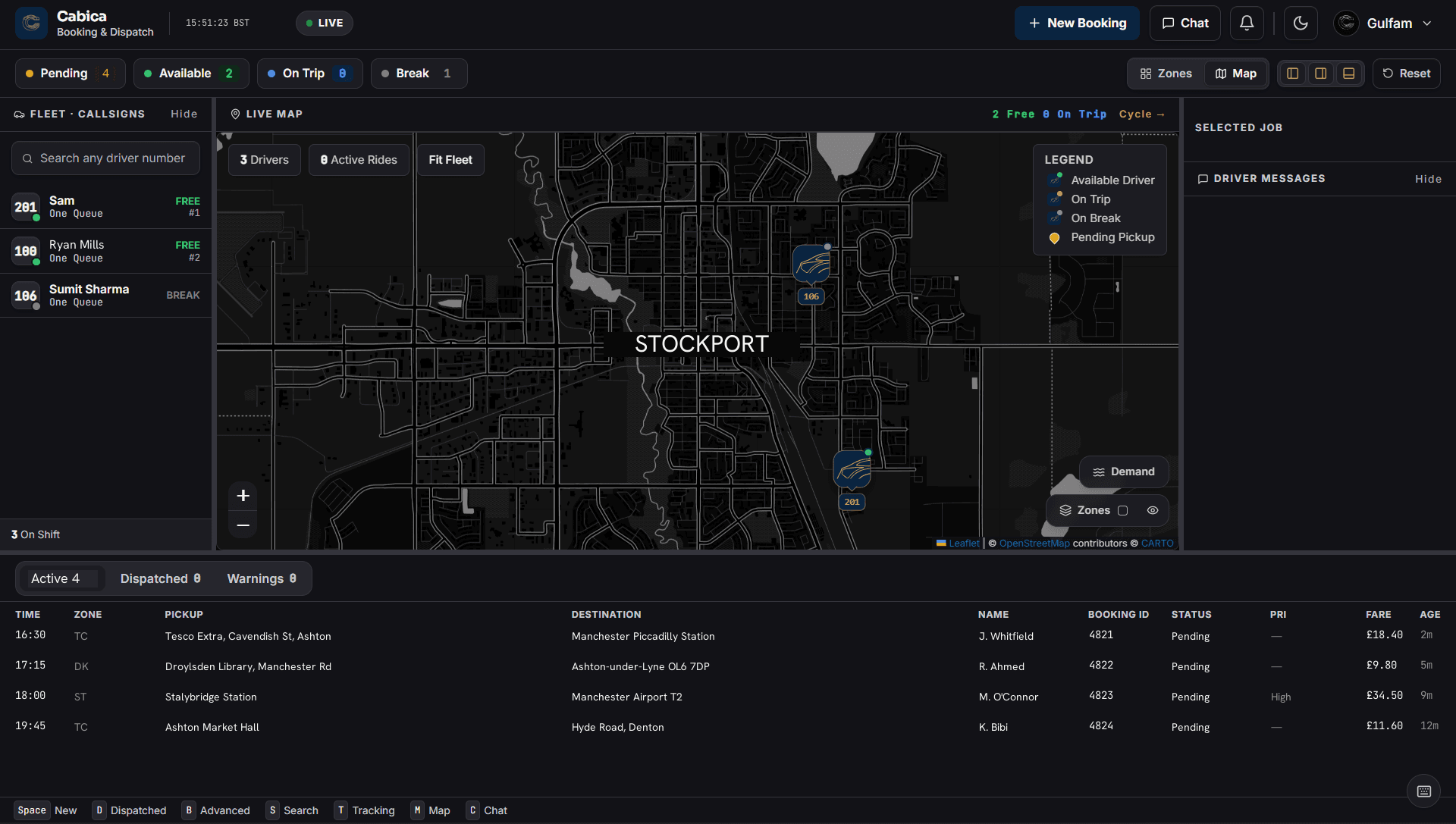 Cabica dispatch console — live map, driver status counters and the active bookings board