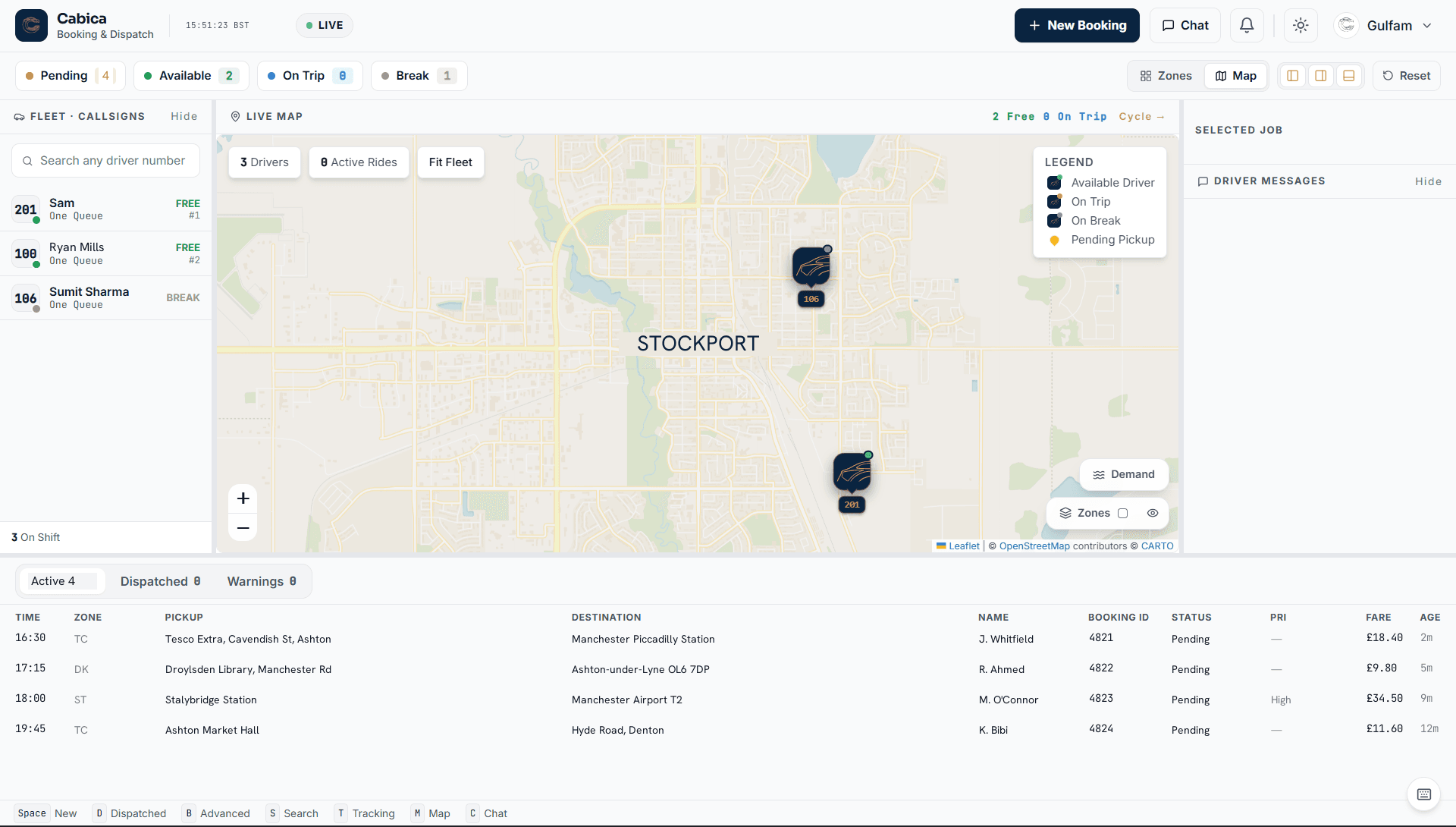 Cabica dispatch console — live fleet map with driver status counters and the active bookings board