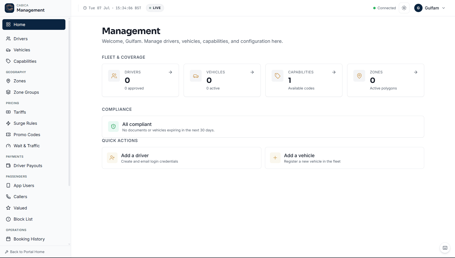 Cabica management dashboard showing fleet coverage cards and a compliance panel reporting all documents in date