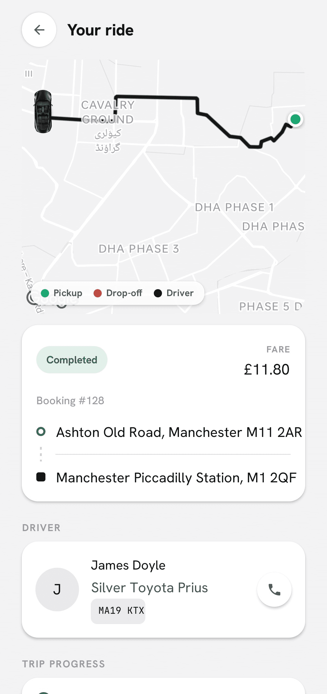 A passenger tracking their car on the map, with the driver, vehicle, registration and fare shown