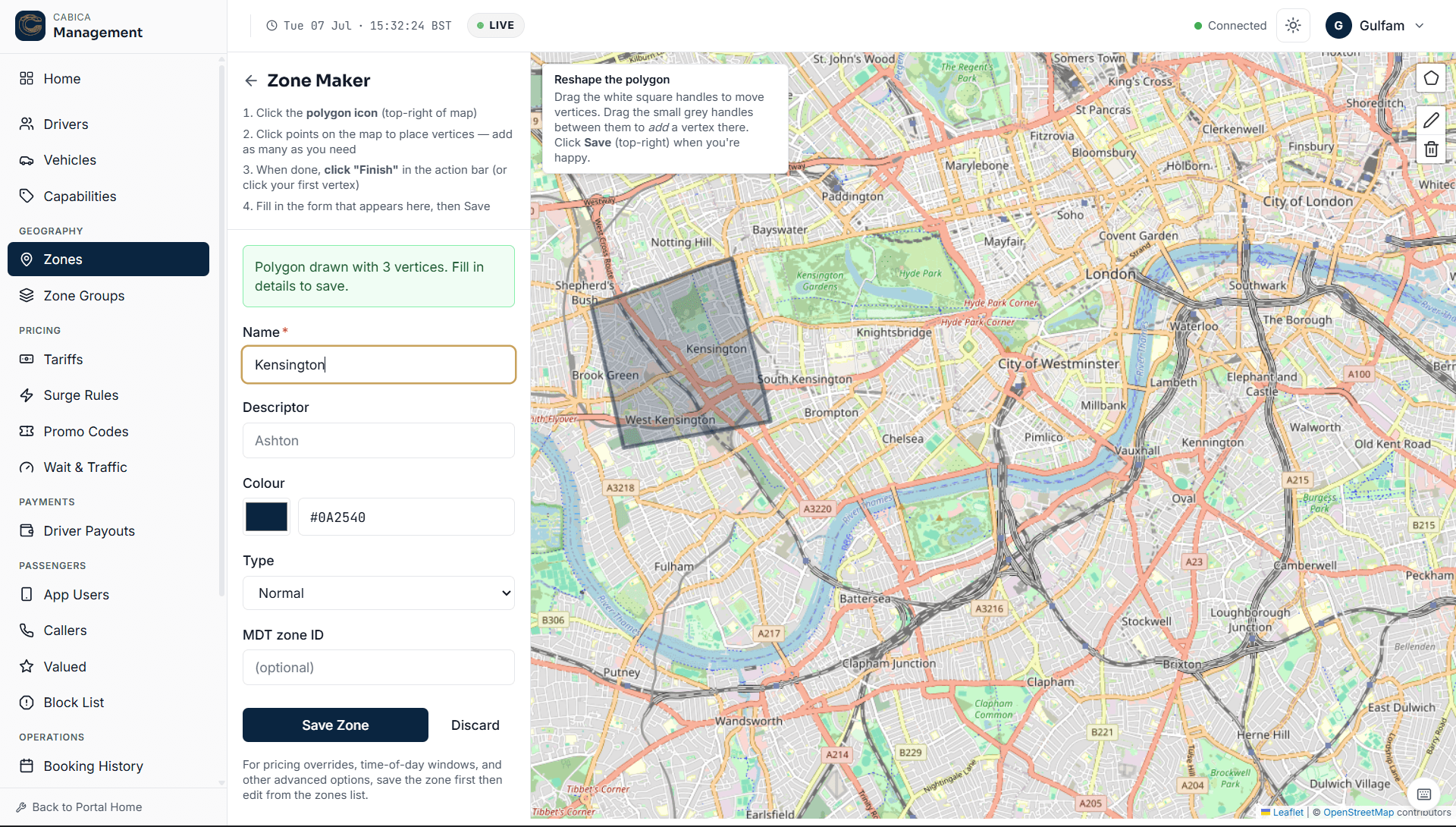 Cabica zone maker — drawing a service-area polygon on the live map with name, colour and type fields
