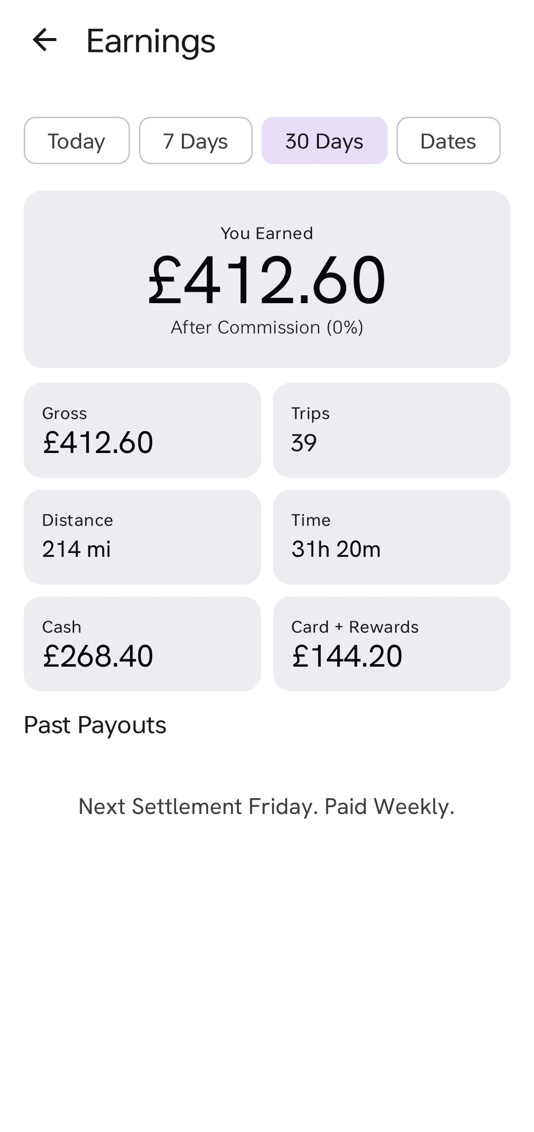 Cabica driver app earnings — takings over 30 days split by cash and card, with trips, distance and hours worked