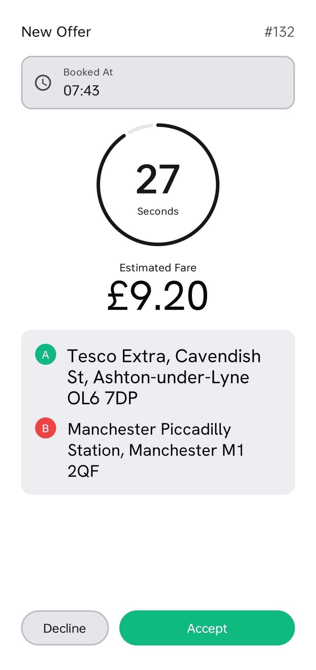 Cabica taxi driver app job offer — the estimated fare, pickup and destination, and a countdown to accept or decline