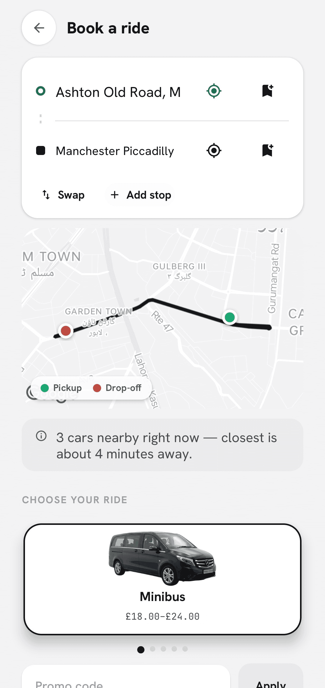 Cabica taxi booking app — the passenger’s booking screen showing the route on the map, cars nearby and the fare before confirming