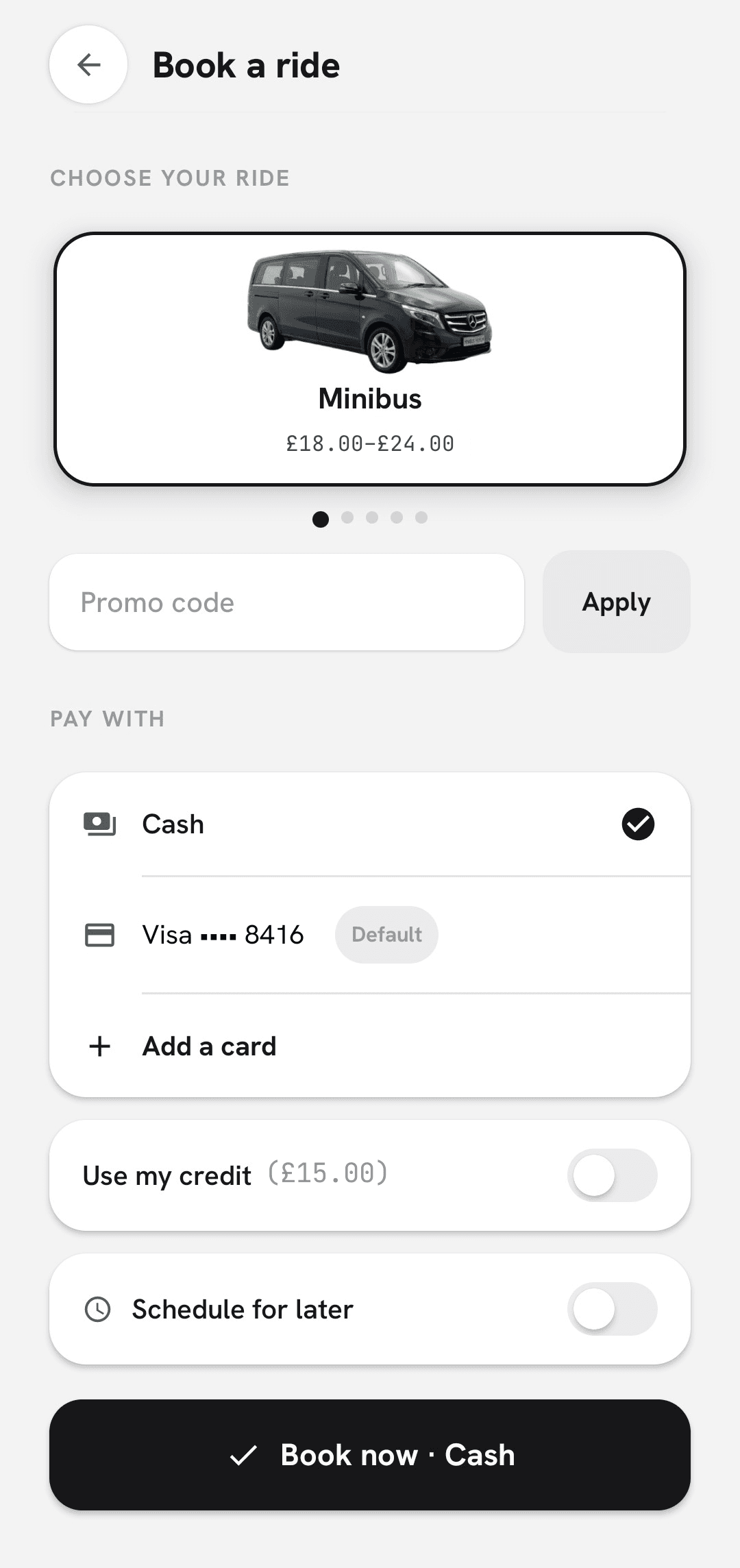 Cabica taxi booking app payment screen — vehicle choice, saved card, ride credit and the Book now button